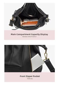 Macro shot of large capacity black pebbled leather tote with functional zip storage pockets