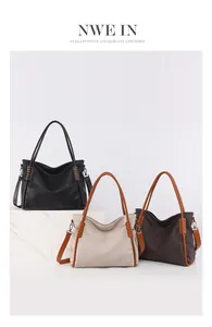 Close-up of three lychee-grain leather tote bags in black, beige, and brown with woven details