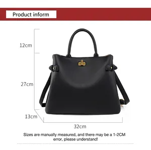 Detailed size chart showing dimensions for the large black leather tote handbag