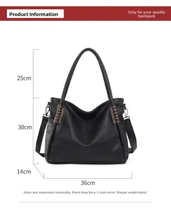Detailed size specifications for large black tote bag with orange stitching accents