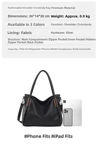 Detail view of large black tote bag specifications, dimensions, and interior compartment layout