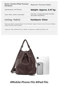 Macro detail showing interior capacity of a brown leather backpack with iPad comparison