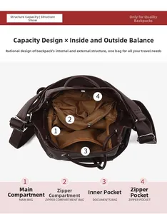 Detailed view of the brown backpack interior showing main pockets and zippered dividers