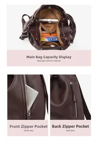 Detail view of large capacity main pocket and anti-theft zipper on leather backpack