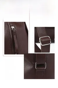 Detail view of silver hardware and adjustable straps on the brown litchi leather backpack