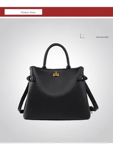 Front view of black pebble leather tote bag with gold twist lock and shoulder strap