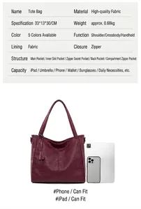 Detailed dimension guide of the burgundy leather tote bag with functional interior pockets