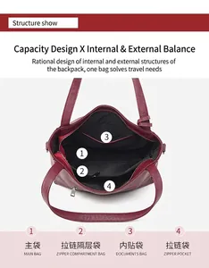 Internal view of burgundy tote bag showing main compartment and zipper pockets