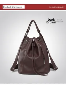 Close-up of coffee brown lychee grain leather texture and drawstring design on backpack