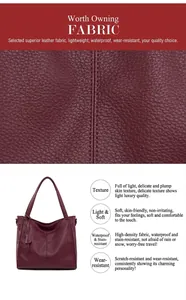 Macro shot of waterproof burgundy lychee-textured leather and soft stitching on tote bag