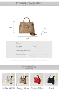 Detailed spec sheet of large capacity PU tote bag with dimensions and four color options