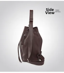 Side view of dark coffee leather backpack with drawstring closure and stylish silhouette
