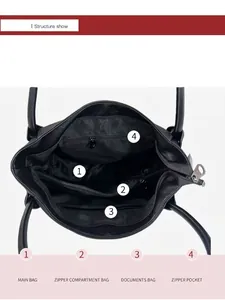 Large capacity black PU leather tote bag showing internal compartments and zipped pockets