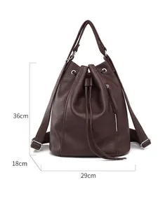 Large dark brown leather drawstring backpack for women with dimensions 29x18x36cm