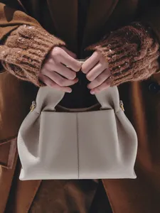 Women Minimalist Litchi Texture PU Leather Cloud Handbag Pleated Large Capacity Crossbody Bag Top Handle Commute Purse