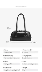 Cuadro de tallas detallado y dimensiones del bolso de hombro retro en cuero PU negro