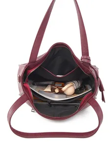 Deep red lychee grain leather tote bag with large capacity and multi-layer interior compartments