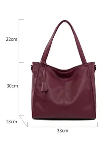 Deep burgundy leather tote bag with dimensions 33cm x 30cm and 22cm handle drop