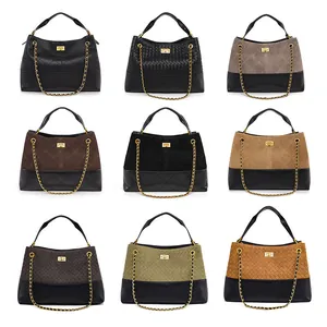 Grid display of nine luxury bucket bags showing various leather textures and classic colors