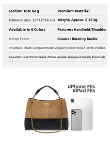 Detailed view of large quilted tote bag in brown and black with metal turn-lock closure