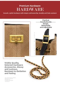 Detail of frosted brown suede handbag featuring quilting, turn-lock and adjustable chain strap