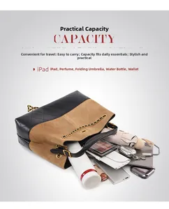 Internal capacity view of quilted tote bag holding an iPad, umbrella, and daily essentials