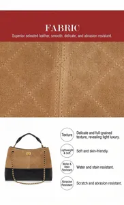 Detail van bruin gewatteerd suède en goudkleurige ketting op de emmer-tas voor dames