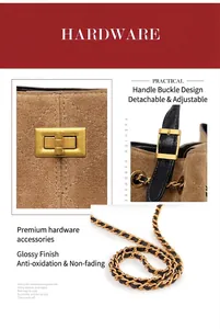 Detail van gouden draaislot en suède ruittextuur op deze bruine handtas voor dames