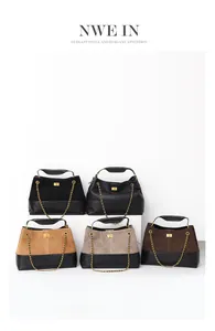 Detailed view of bucket bags in five colors featuring diamond quilting and gold chains