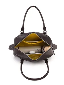 Minimalist large capacity dark brown leather tote bag with yellow lining and daily items
