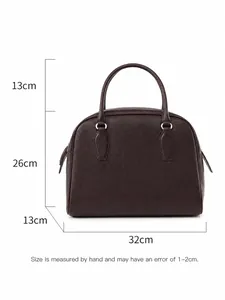 Brown leather tote bag with dimensions 32cm length and 26cm height on white background