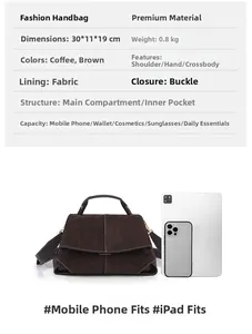 Detailed dimensions of coffee frosted leather handbag showing 30x11x19cm size capacity