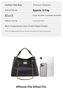 Detailed size guide for black woven tote bag showing 34x12x25cm dimensions and capacity