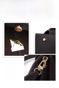 Detailed close-up of golden hardware, square lock and protective base studs on leather bag