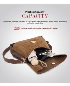 Macro view of dark brown suede bag interior showing large capacity for daily essentials