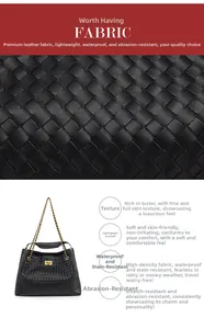 Detail of woven leather texture, gold chain strap and twist-lock closure on bucket bag