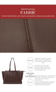 Detail showing high-quality lychee grain leather fabric and stitching on brown tote bag