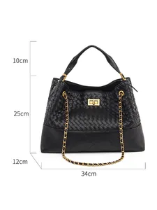 Black bucket bag with woven leather and quilted diamond patterns plus size measurements