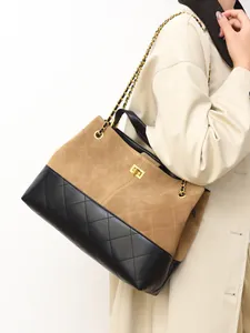 Women's vintage color-block tote bag in khaki suede and black leather with chain strap