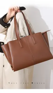 Brown faux leather tote bag with vertical stitching and wide handles for business commute