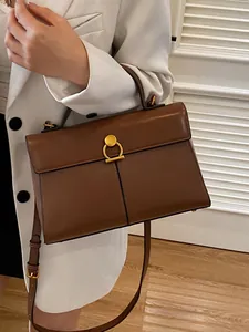 Sac à Main en Cuir PU Simple pour Femme Vintage Boucle Dorée Sac à Bandoulière de Navetteur Grand Fourre-tout de Mode