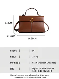 Sac à main en cuir PU marron avec boucle dorée et affichage détaillé des dimensions
