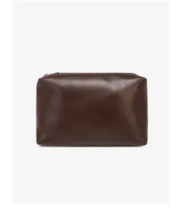 Close-up of the dark brown leather storage pouch with a smooth metal zipper closure