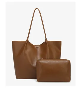 Brown leather tote bag set including a large shopper and small matching zipper pouch