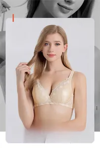 Detail of silk wireless bra with exquisite lace embroidery and adjustable thin straps