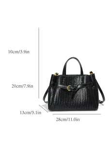 Women's black woven tote bag with gold hardware and dimensions of 28cm width and 20cm height