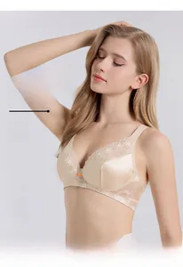 Detail showing lace embroidery and wireless soft support structure on silk bra