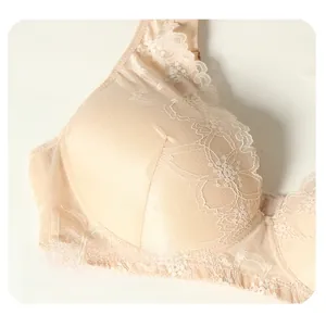 Detail of elegant lace embroidery and breathable silk mesh fabric on a wireless bra