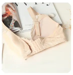Detail showing flexible, wire-free lace bra in nude color on a magazine background