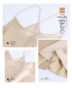 Detail shots of champagne silk camisole showing thin straps and fine stitching